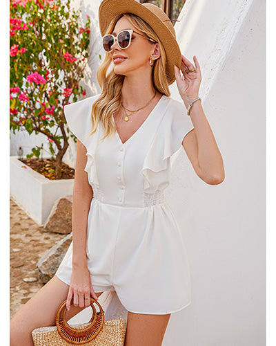 Stybarluv  Women's Ruffle V Neck Short Sleeve Button Front Romper Jumpsuits