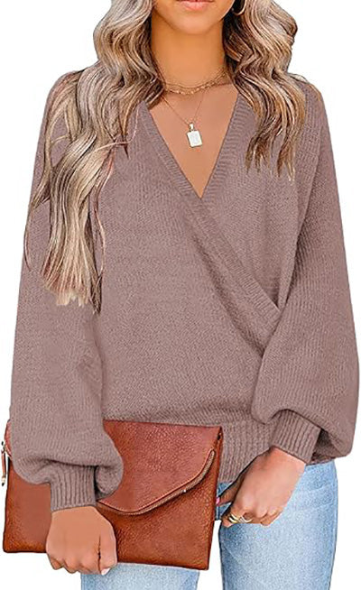 Stybarluv  Women's V Neck Wrap Front Sweater Loose Lantern Sleeve Knitted Top