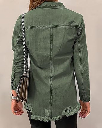 Stybarluv  Women's Distressed Denim Shirt Jacket with Fringe Hem Long Sleeve Button Down