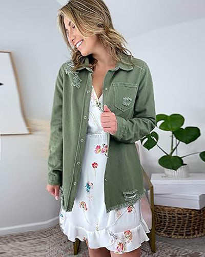 Stybarluv  Women's Distressed Denim Shirt Jacket with Fringe Hem Long Sleeve Button Down