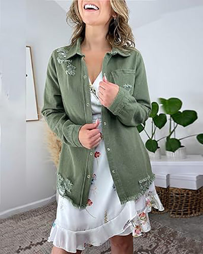 Stybarluv  Women's Distressed Denim Shirt Jacket with Fringe Hem Long Sleeve Button Down