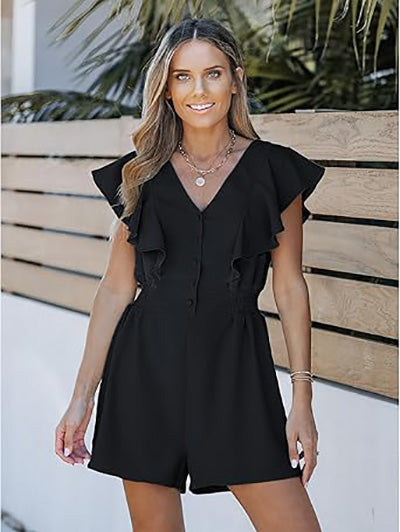 Stybarluv  Women's Ruffle V Neck Short Sleeve Button Front Romper Jumpsuits
