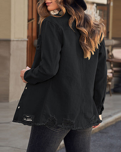 Stybarluv  Women's Distressed Denim Shirt Jacket with Fringe Hem Long Sleeve Button Down
