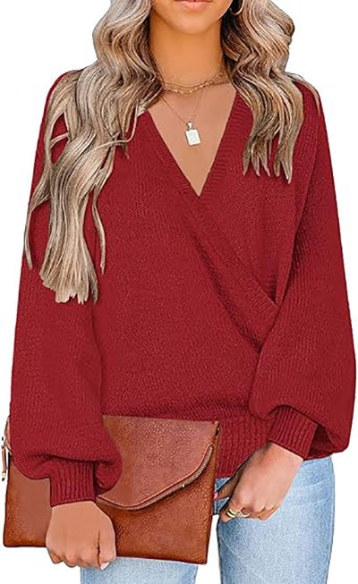 Stybarluv  Women's V Neck Wrap Front Sweater Loose Lantern Sleeve Knitted Top