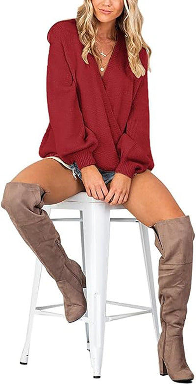 Stybarluv  Women's V Neck Wrap Front Sweater Loose Lantern Sleeve Knitted Top