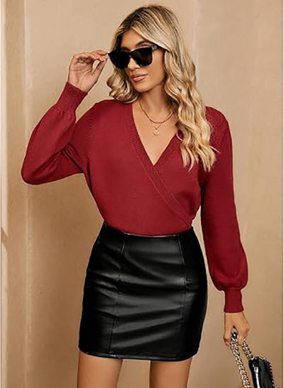 Stybarluv  Women's V Neck Wrap Front Sweater Loose Lantern Sleeve Knitted Top