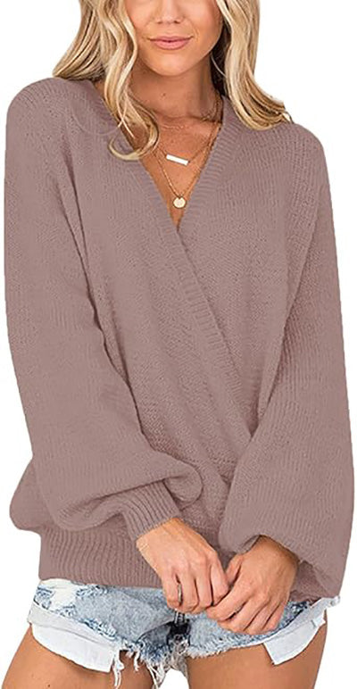Stybarluv  Women's V Neck Wrap Front Sweater Loose Lantern Sleeve Knitted Top