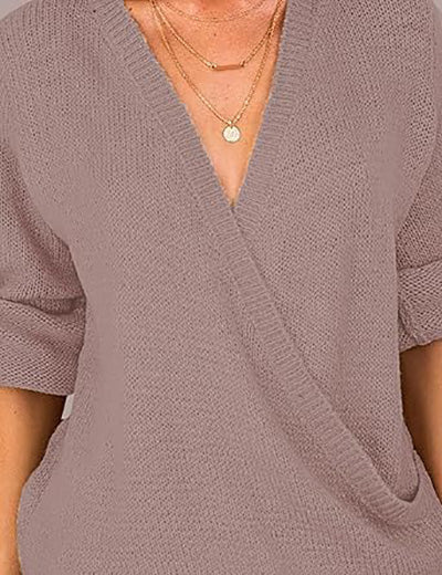 Stybarluv  Women's V Neck Wrap Front Sweater Loose Lantern Sleeve Knitted Top
