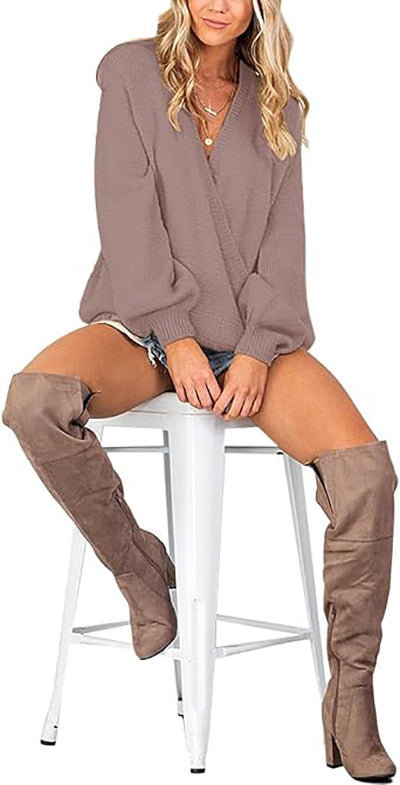 Stybarluv  Women's V Neck Wrap Front Sweater Loose Lantern Sleeve Knitted Top
