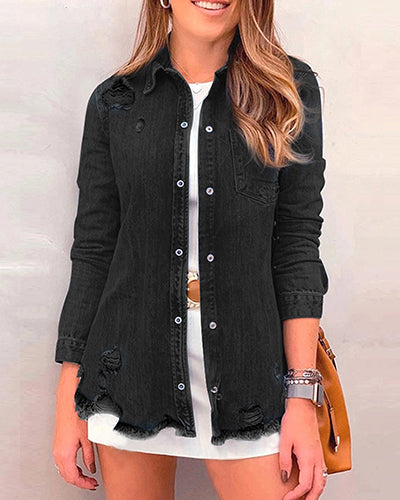 Stybarluv  Women's Distressed Denim Shirt Jacket with Fringe Hem Long Sleeve Button Down