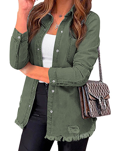 Stybarluv  Women's Distressed Denim Shirt Jacket with Fringe Hem Long Sleeve Button Down